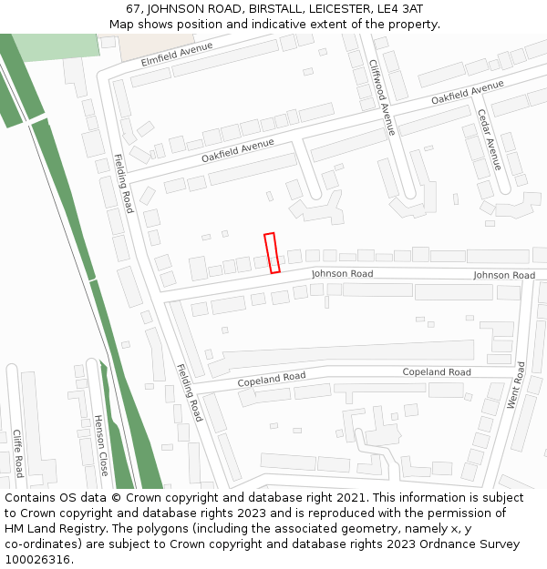 67, JOHNSON ROAD, BIRSTALL, LEICESTER, LE4 3AT: Location map and indicative extent of plot