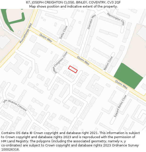 67, JOSEPH CREIGHTON CLOSE, BINLEY, COVENTRY, CV3 2QF: Location map and indicative extent of plot