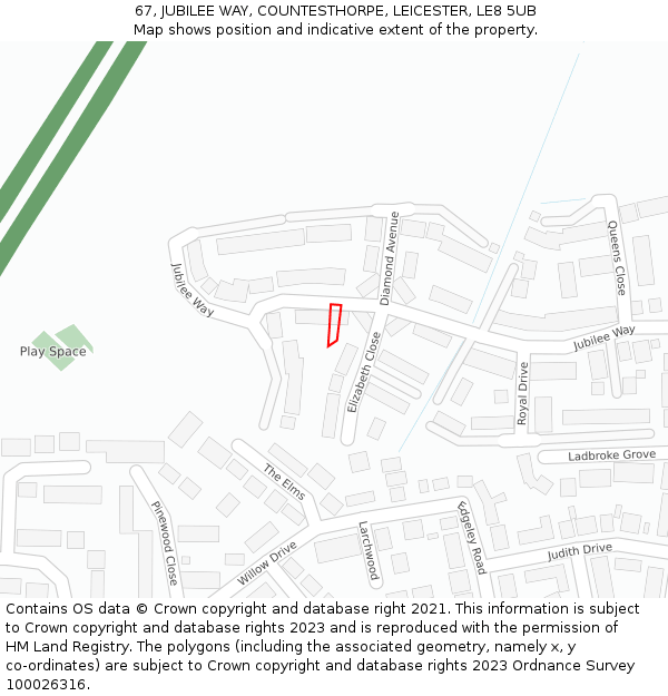 67, JUBILEE WAY, COUNTESTHORPE, LEICESTER, LE8 5UB: Location map and indicative extent of plot