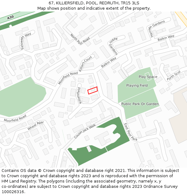 67, KILLIERSFIELD, POOL, REDRUTH, TR15 3LS: Location map and indicative extent of plot