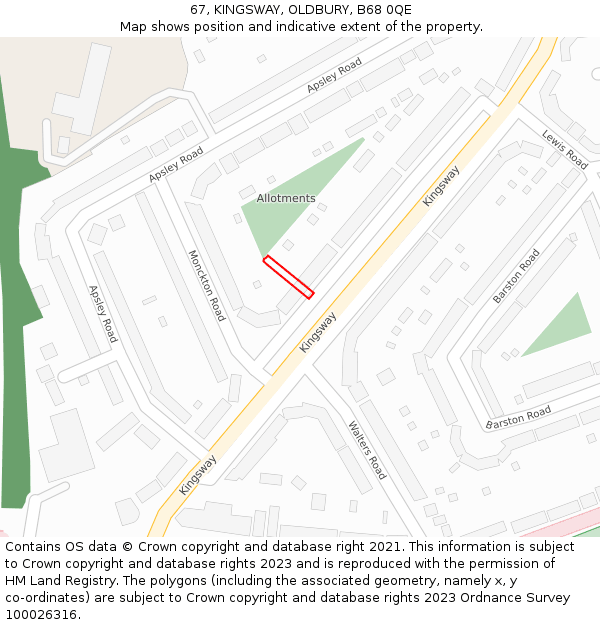 67, KINGSWAY, OLDBURY, B68 0QE: Location map and indicative extent of plot