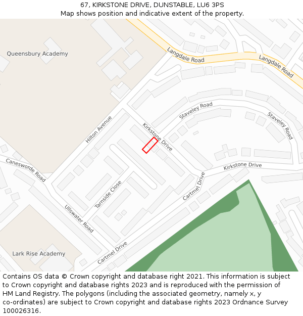 67, KIRKSTONE DRIVE, DUNSTABLE, LU6 3PS: Location map and indicative extent of plot