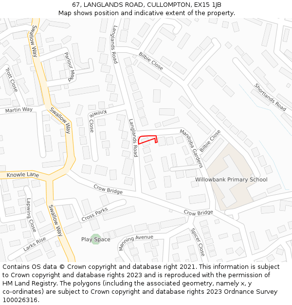67, LANGLANDS ROAD, CULLOMPTON, EX15 1JB: Location map and indicative extent of plot