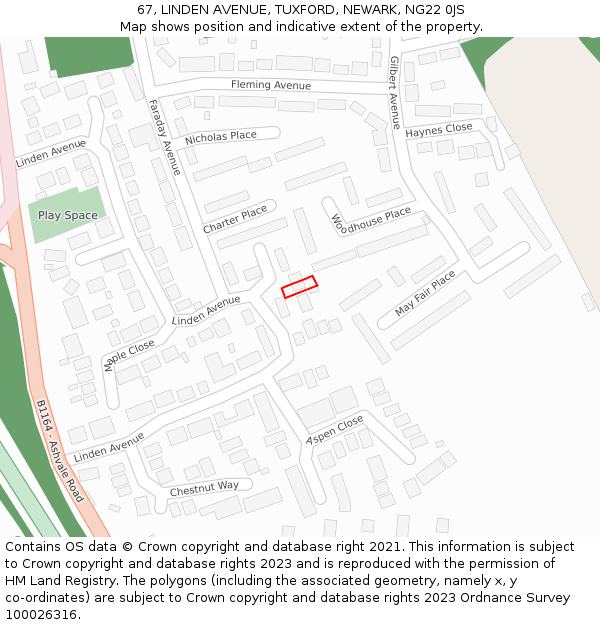 67, LINDEN AVENUE, TUXFORD, NEWARK, NG22 0JS: Location map and indicative extent of plot