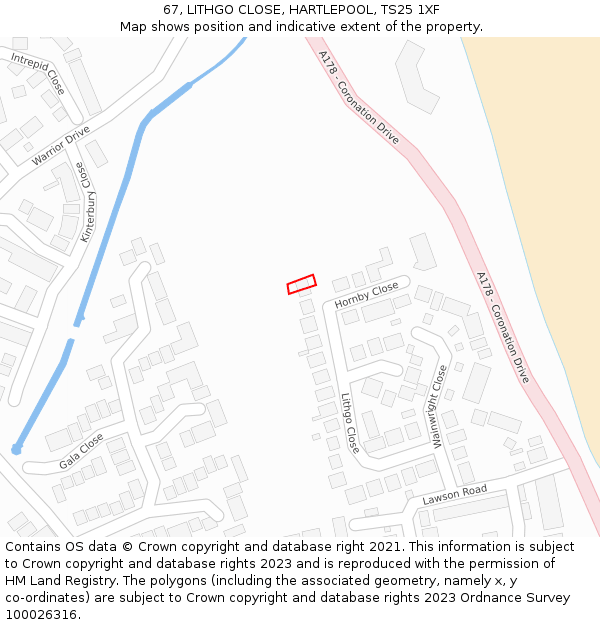 67, LITHGO CLOSE, HARTLEPOOL, TS25 1XF: Location map and indicative extent of plot