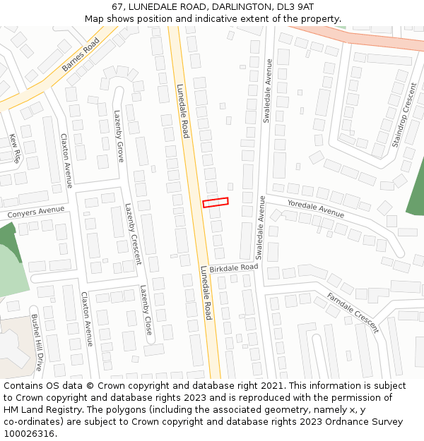 67, LUNEDALE ROAD, DARLINGTON, DL3 9AT: Location map and indicative extent of plot
