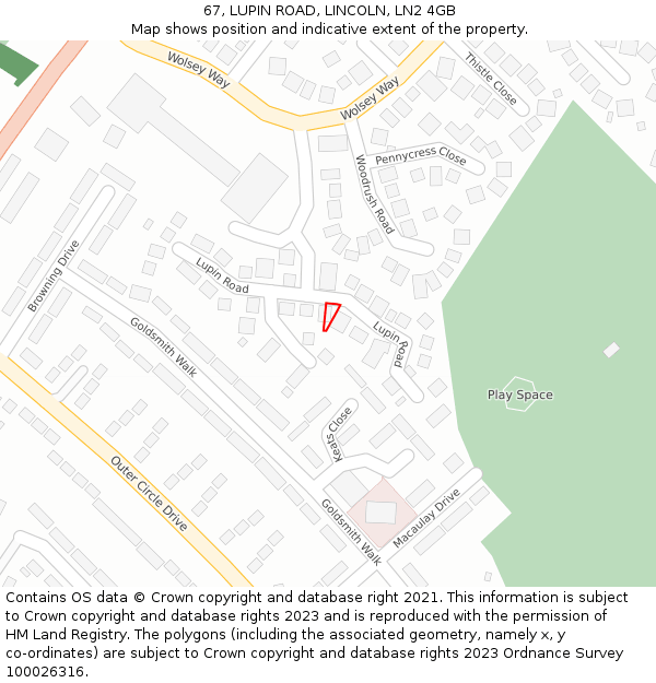 67, LUPIN ROAD, LINCOLN, LN2 4GB: Location map and indicative extent of plot