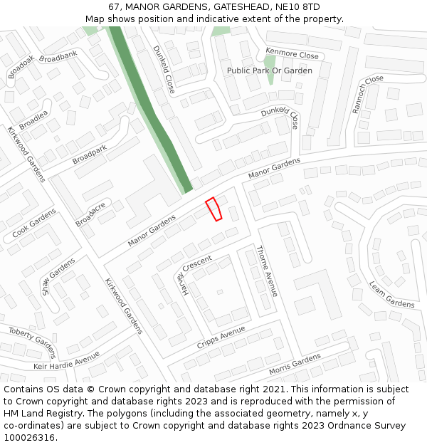 67, MANOR GARDENS, GATESHEAD, NE10 8TD: Location map and indicative extent of plot