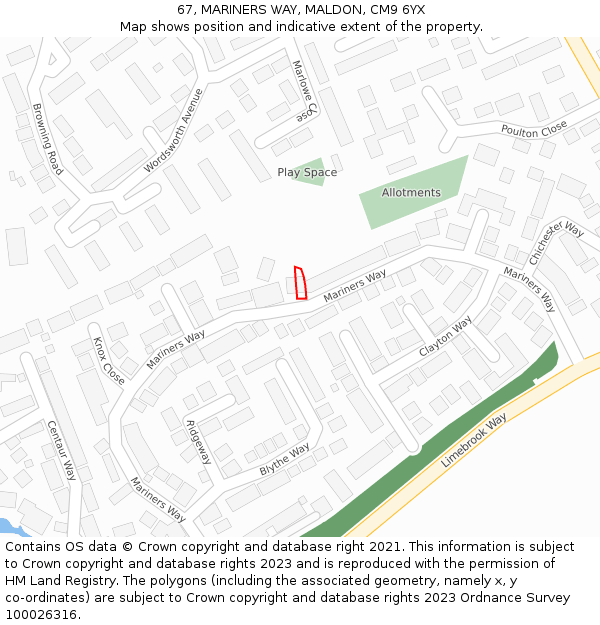 67, MARINERS WAY, MALDON, CM9 6YX: Location map and indicative extent of plot