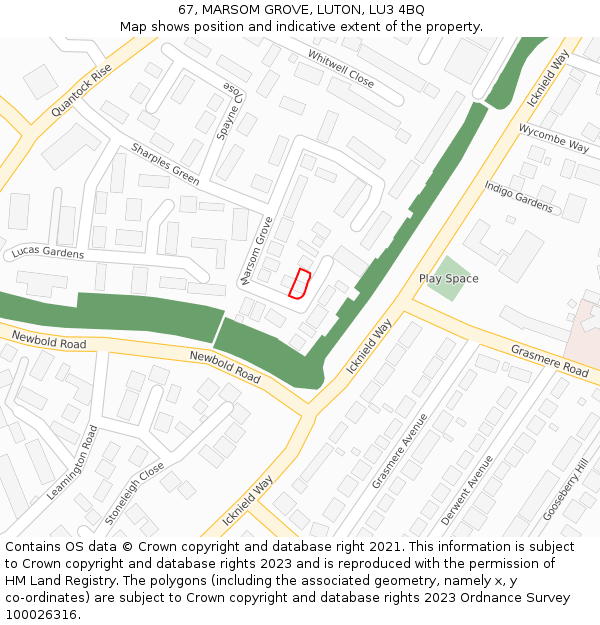 67, MARSOM GROVE, LUTON, LU3 4BQ: Location map and indicative extent of plot