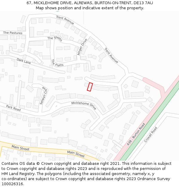 67, MICKLEHOME DRIVE, ALREWAS, BURTON-ON-TRENT, DE13 7AU: Location map and indicative extent of plot