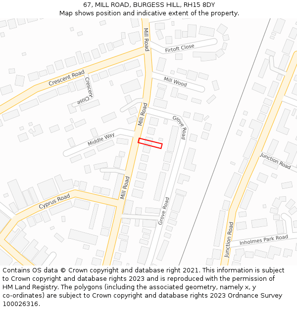 67, MILL ROAD, BURGESS HILL, RH15 8DY: Location map and indicative extent of plot