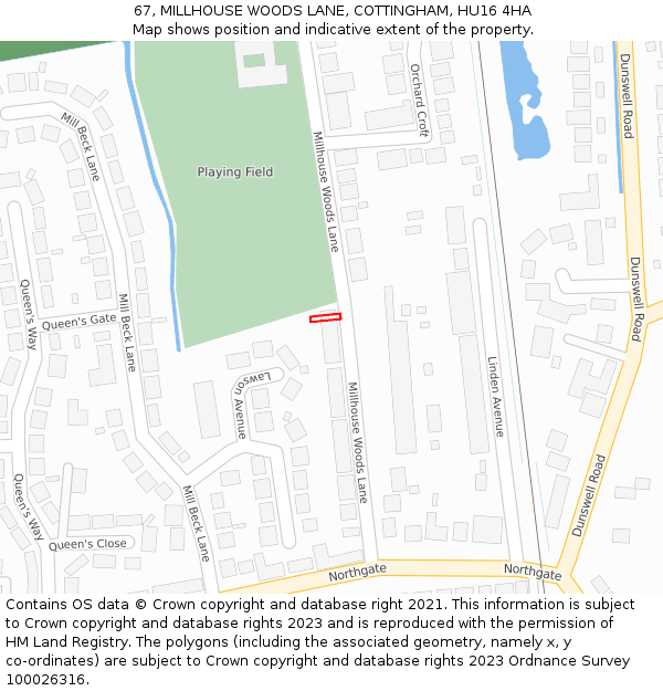 67, MILLHOUSE WOODS LANE, COTTINGHAM, HU16 4HA: Location map and indicative extent of plot