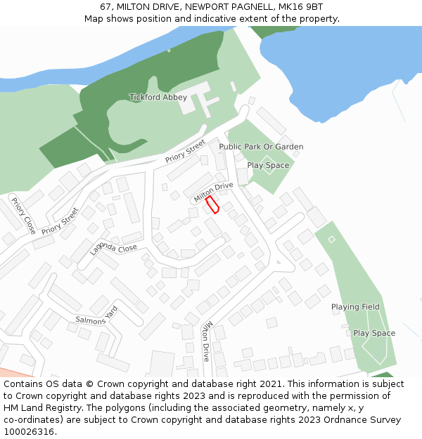 67, MILTON DRIVE, NEWPORT PAGNELL, MK16 9BT: Location map and indicative extent of plot