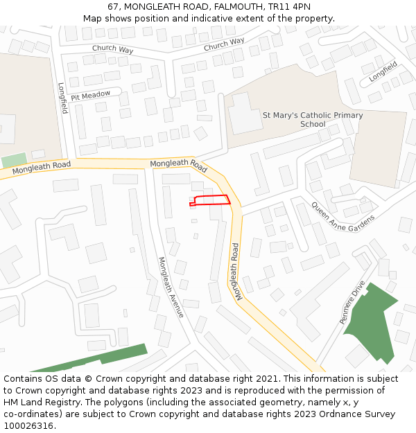 67, MONGLEATH ROAD, FALMOUTH, TR11 4PN: Location map and indicative extent of plot