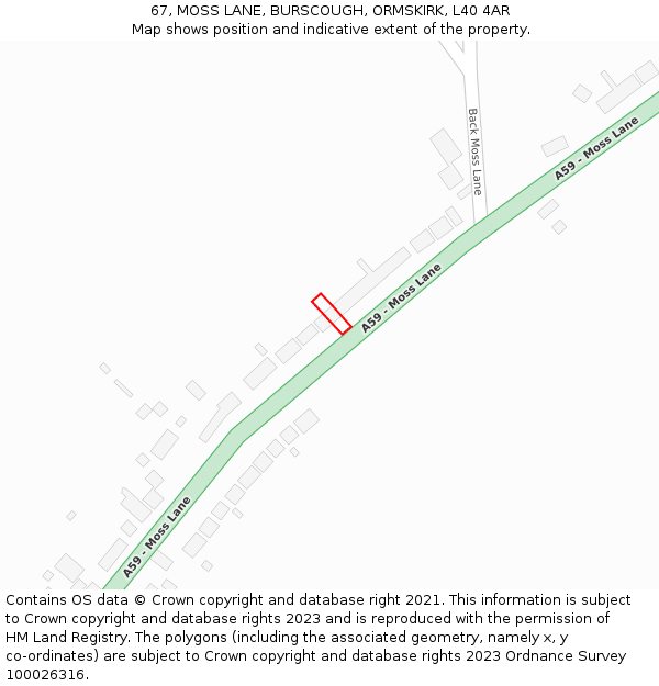 67, MOSS LANE, BURSCOUGH, ORMSKIRK, L40 4AR: Location map and indicative extent of plot