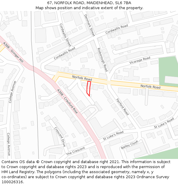 67, NORFOLK ROAD, MAIDENHEAD, SL6 7BA: Location map and indicative extent of plot