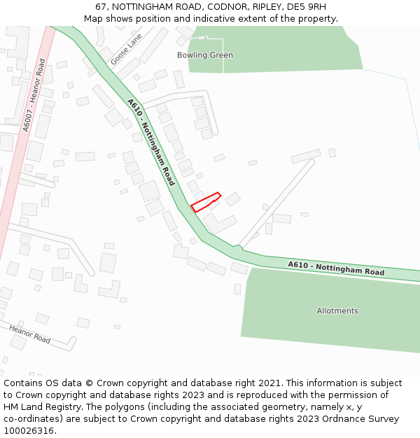 67, NOTTINGHAM ROAD, CODNOR, RIPLEY, DE5 9RH: Location map and indicative extent of plot