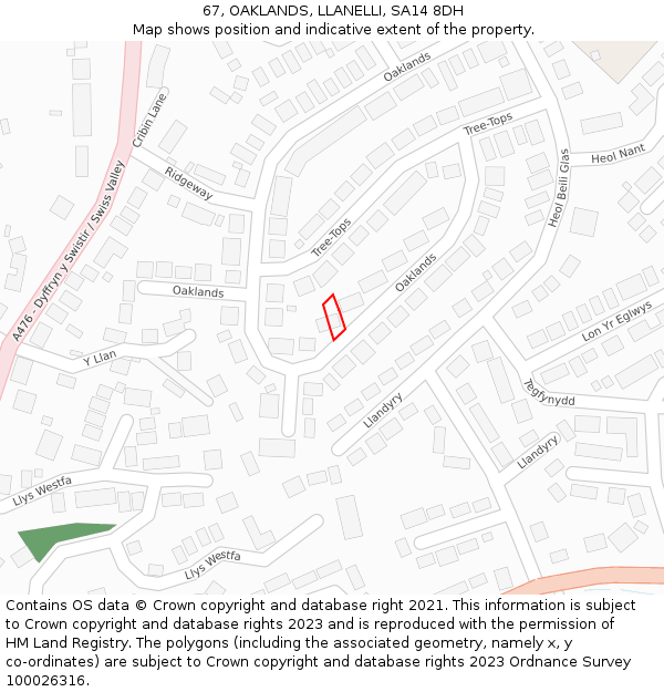 67, OAKLANDS, LLANELLI, SA14 8DH: Location map and indicative extent of plot