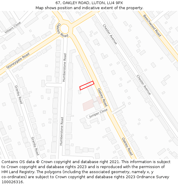 67, OAKLEY ROAD, LUTON, LU4 9PX: Location map and indicative extent of plot