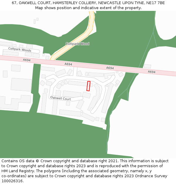 67, OAKWELL COURT, HAMSTERLEY COLLIERY, NEWCASTLE UPON TYNE, NE17 7BE: Location map and indicative extent of plot