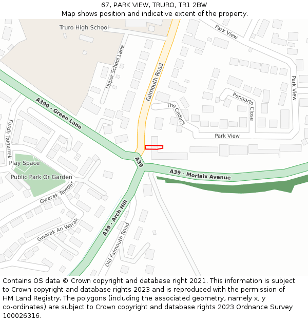 67, PARK VIEW, TRURO, TR1 2BW: Location map and indicative extent of plot