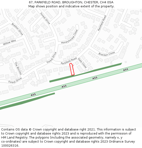 67, PARKFIELD ROAD, BROUGHTON, CHESTER, CH4 0SA: Location map and indicative extent of plot