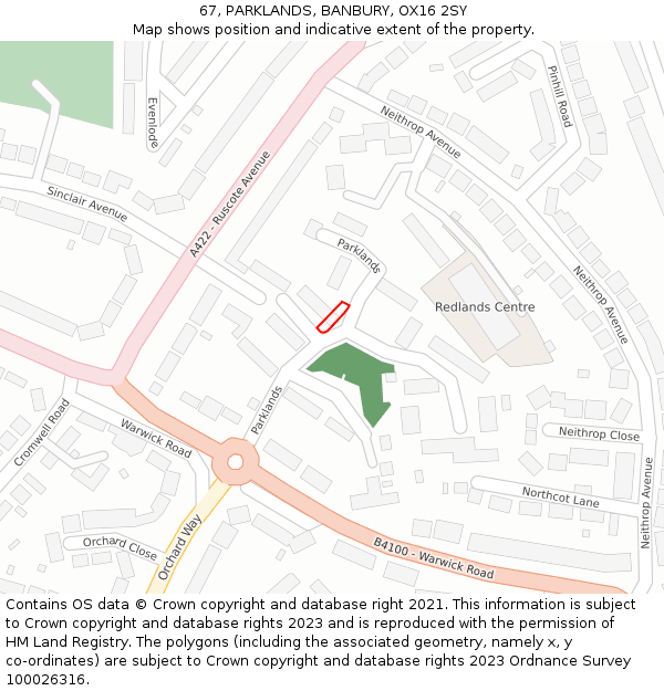 67, PARKLANDS, BANBURY, OX16 2SY: Location map and indicative extent of plot