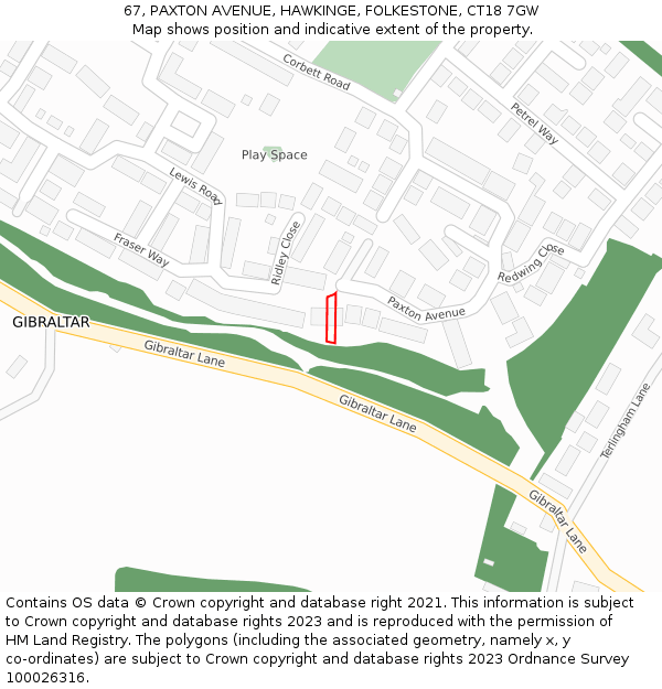 67, PAXTON AVENUE, HAWKINGE, FOLKESTONE, CT18 7GW: Location map and indicative extent of plot