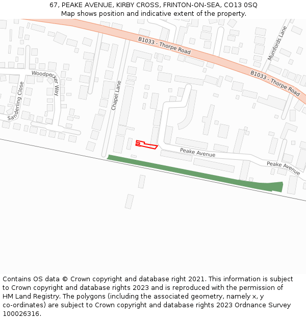 67, PEAKE AVENUE, KIRBY CROSS, FRINTON-ON-SEA, CO13 0SQ: Location map and indicative extent of plot