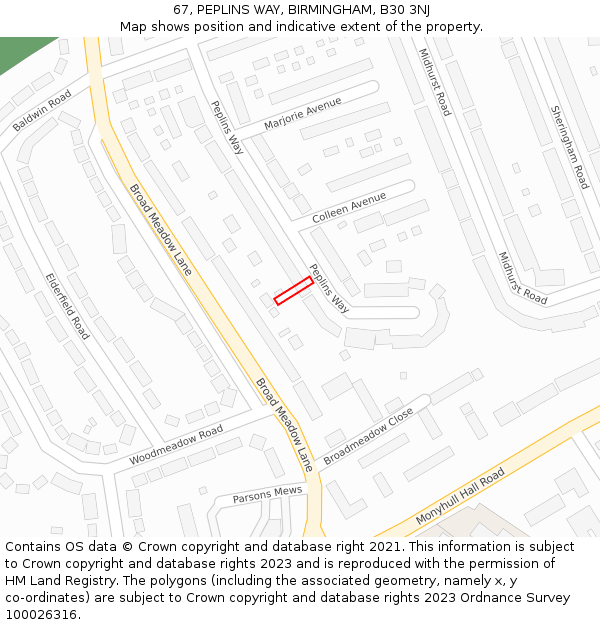 67, PEPLINS WAY, BIRMINGHAM, B30 3NJ: Location map and indicative extent of plot