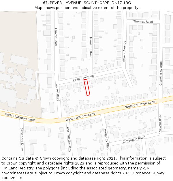 67, PEVERIL AVENUE, SCUNTHORPE, DN17 1BG: Location map and indicative extent of plot