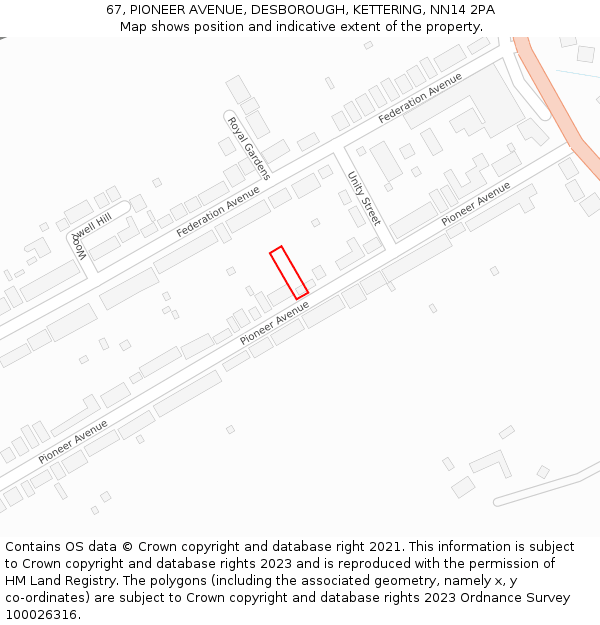 67, PIONEER AVENUE, DESBOROUGH, KETTERING, NN14 2PA: Location map and indicative extent of plot