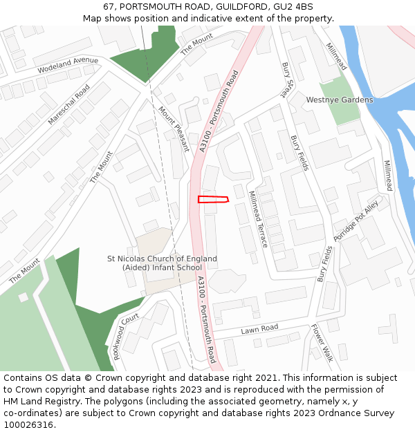 67, PORTSMOUTH ROAD, GUILDFORD, GU2 4BS: Location map and indicative extent of plot