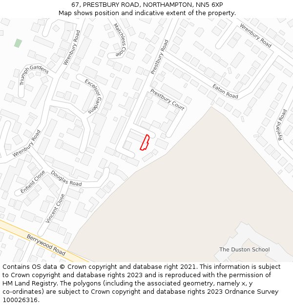 67, PRESTBURY ROAD, NORTHAMPTON, NN5 6XP: Location map and indicative extent of plot