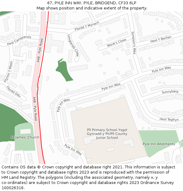 67, PYLE INN WAY, PYLE, BRIDGEND, CF33 6LP: Location map and indicative extent of plot