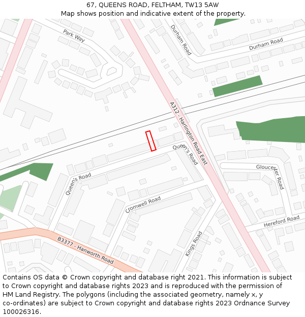 67, QUEENS ROAD, FELTHAM, TW13 5AW: Location map and indicative extent of plot