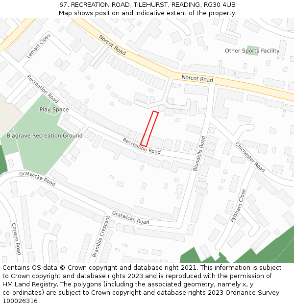 67, RECREATION ROAD, TILEHURST, READING, RG30 4UB: Location map and indicative extent of plot