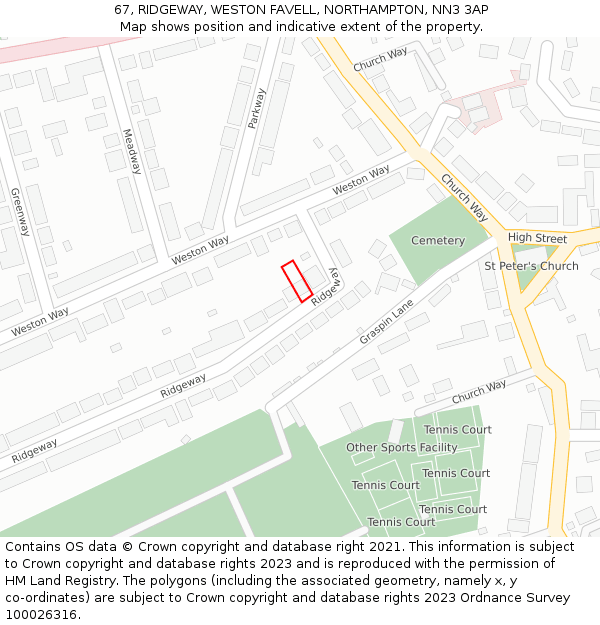 67, RIDGEWAY, WESTON FAVELL, NORTHAMPTON, NN3 3AP: Location map and indicative extent of plot