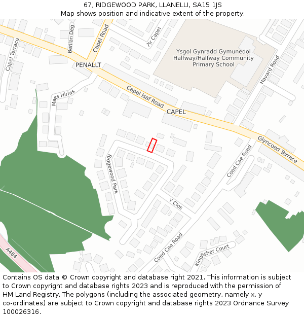 67, RIDGEWOOD PARK, LLANELLI, SA15 1JS: Location map and indicative extent of plot