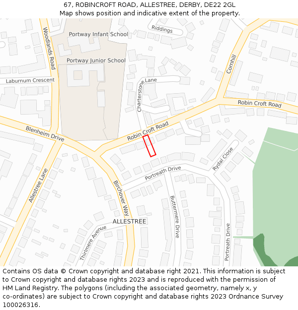 67, ROBINCROFT ROAD, ALLESTREE, DERBY, DE22 2GL: Location map and indicative extent of plot