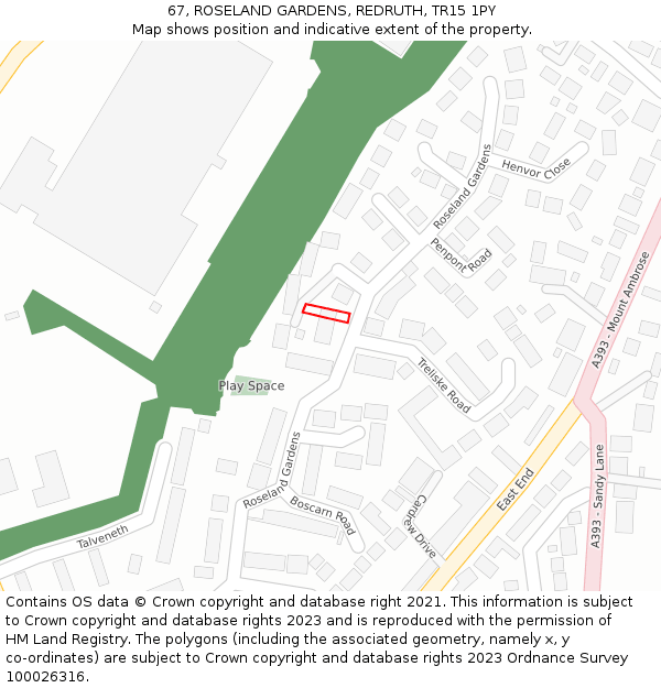 67, ROSELAND GARDENS, REDRUTH, TR15 1PY: Location map and indicative extent of plot