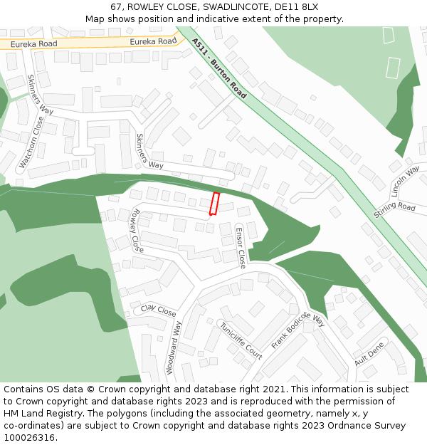 67, ROWLEY CLOSE, SWADLINCOTE, DE11 8LX: Location map and indicative extent of plot