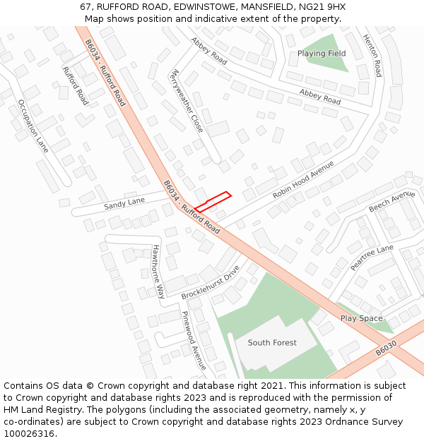 67, RUFFORD ROAD, EDWINSTOWE, MANSFIELD, NG21 9HX: Location map and indicative extent of plot