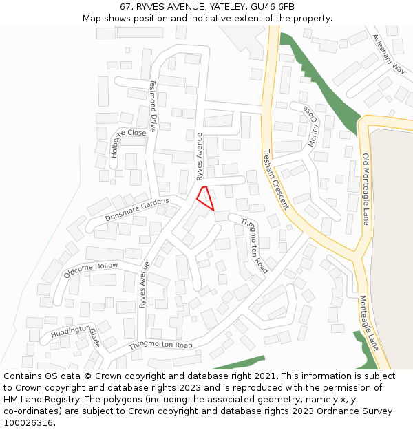 67, RYVES AVENUE, YATELEY, GU46 6FB: Location map and indicative extent of plot