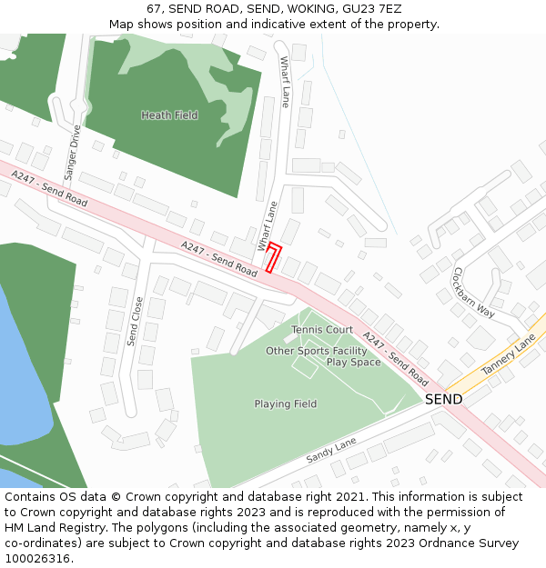 67, SEND ROAD, SEND, WOKING, GU23 7EZ: Location map and indicative extent of plot