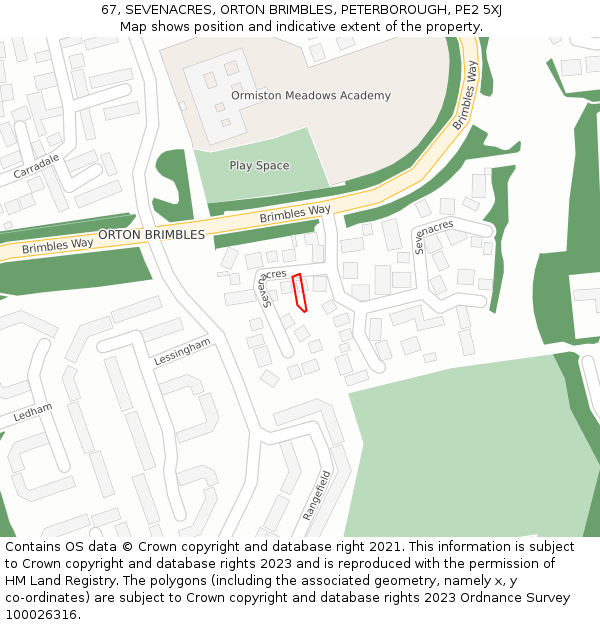 67, SEVENACRES, ORTON BRIMBLES, PETERBOROUGH, PE2 5XJ: Location map and indicative extent of plot