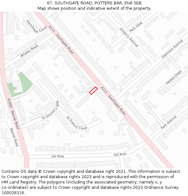 67, SOUTHGATE ROAD, POTTERS BAR, EN6 5EB: Location map and indicative extent of plot