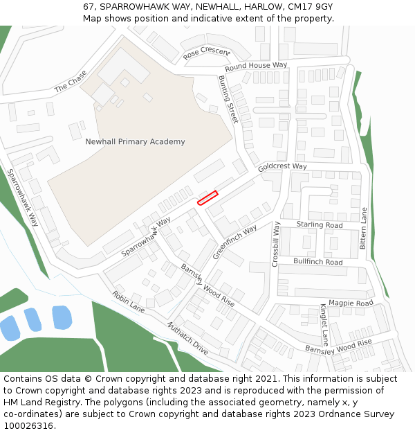 67, SPARROWHAWK WAY, NEWHALL, HARLOW, CM17 9GY: Location map and indicative extent of plot