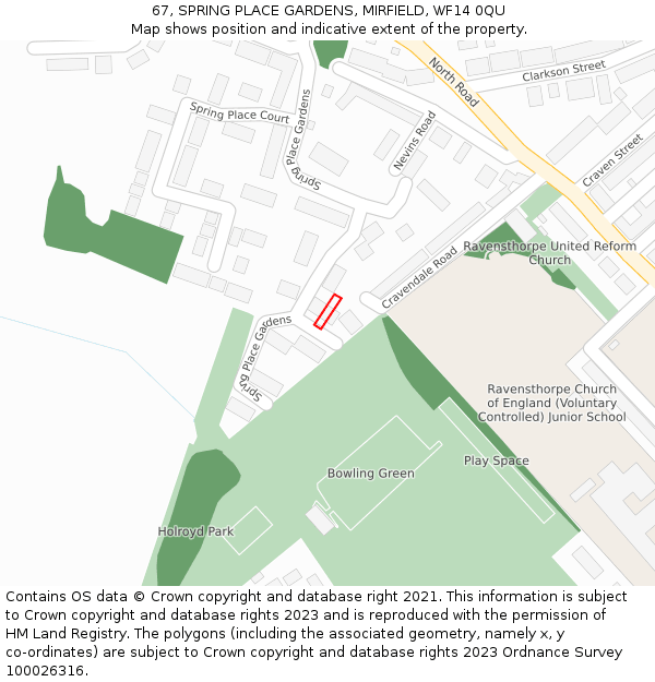 67, SPRING PLACE GARDENS, MIRFIELD, WF14 0QU: Location map and indicative extent of plot
